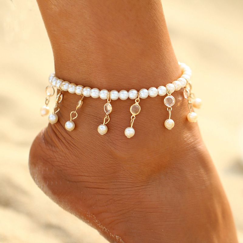 Summer Pearl Beaded Anklets Boho Crystal Tassel Ankle Bracelets