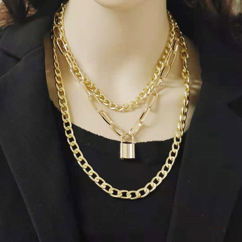 Layered Chain Necklace Neck Chains Lock Pendant Jewelry