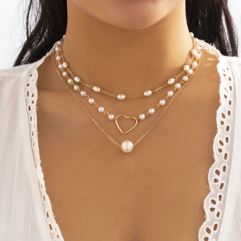 Geometric Beads Chain Twin Necklace Pearl Hollowed Out Love Necklace