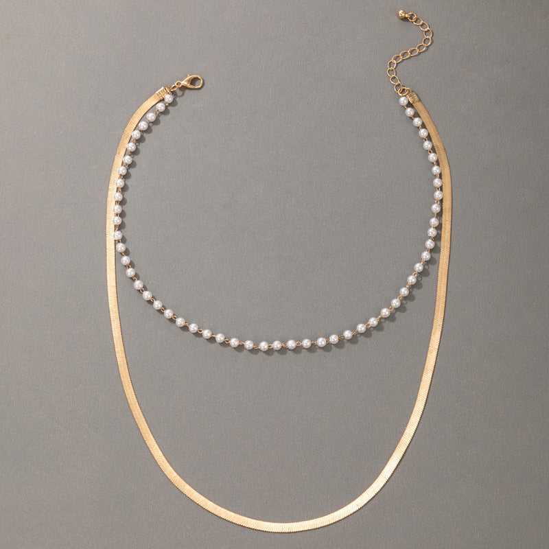 Multilayer Pearl Flat Blade Chain Choker Necklace