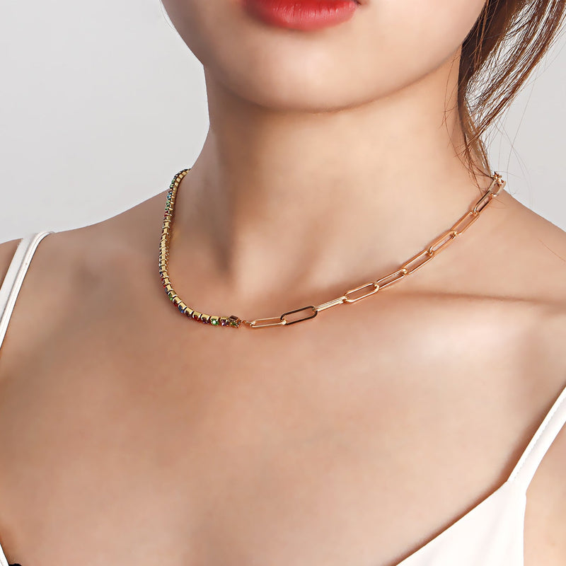 Paper Clip Chain with Colorful Zirconia Tennis Necklace