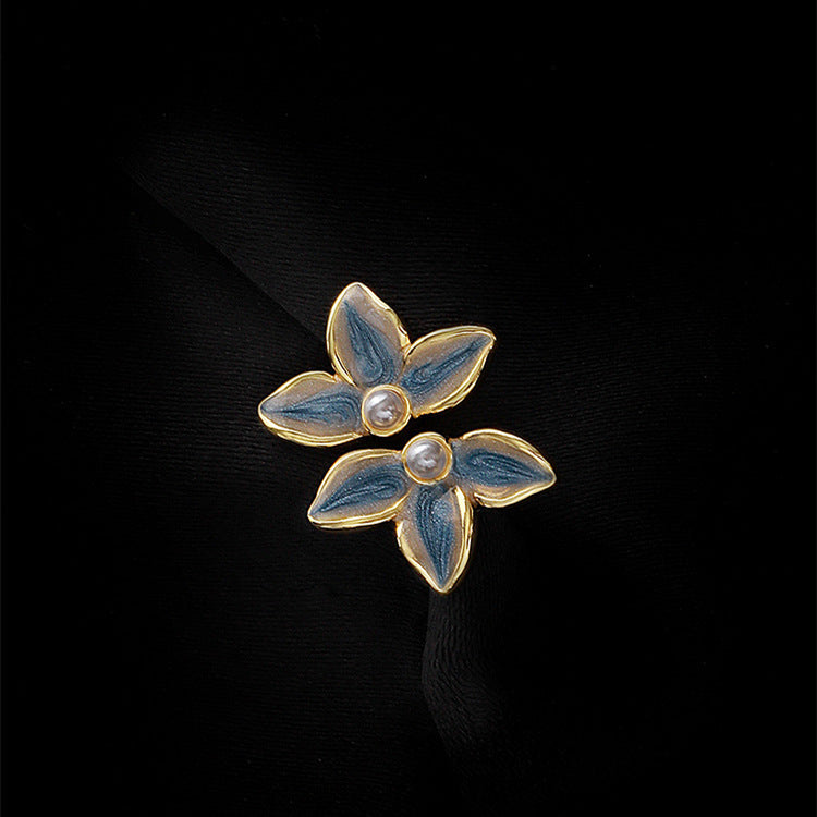 Elegant Blue Tone Enamel Daisy Faux Pearl Stud Earrings