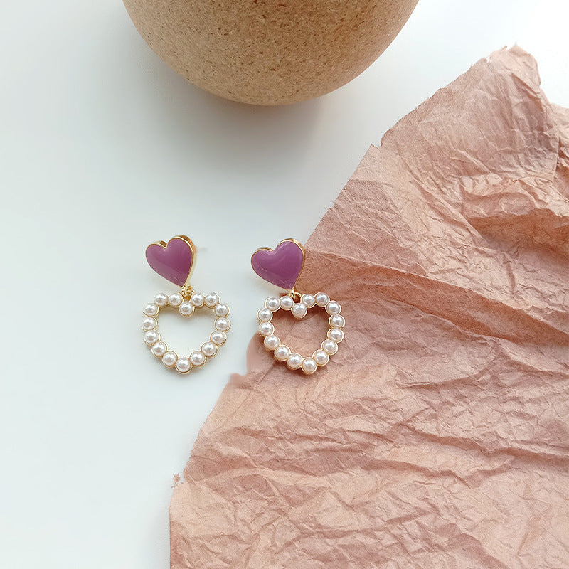 Sweet Heart Earrings Geometric Hollow Love Pearl Earrings