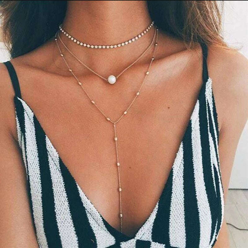 Long Multilayer Beads Chain Pendant Pearl Necklace