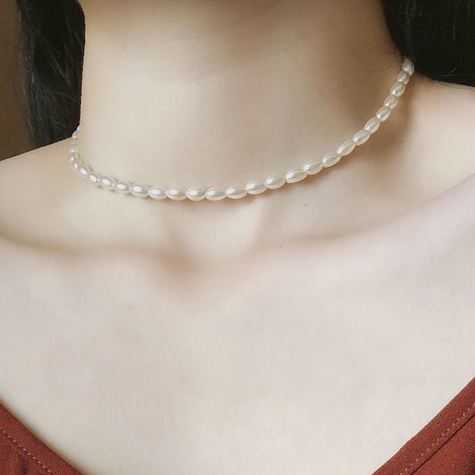 Oval Glass Pearl Chain Necklace
