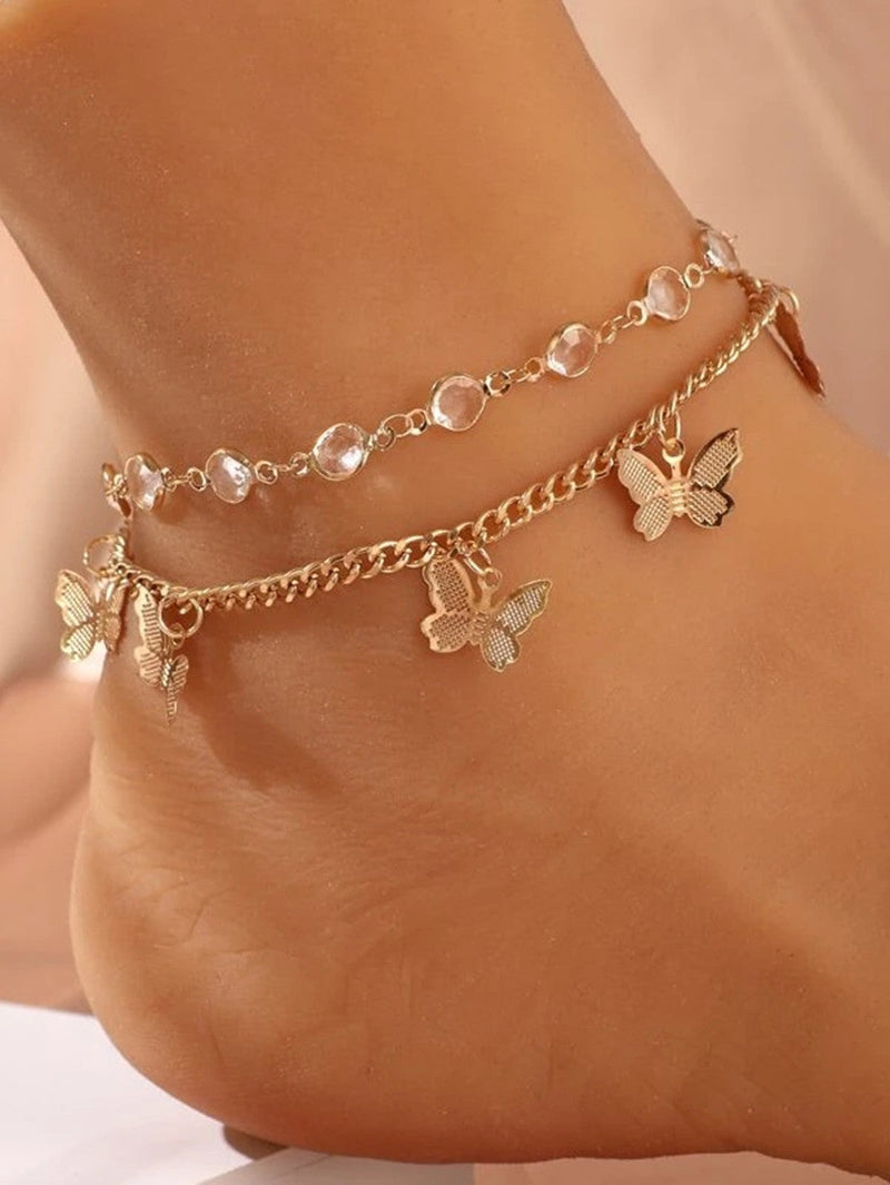 Rhinestone butterfly Pendant Double Layer Anklet Jewelry