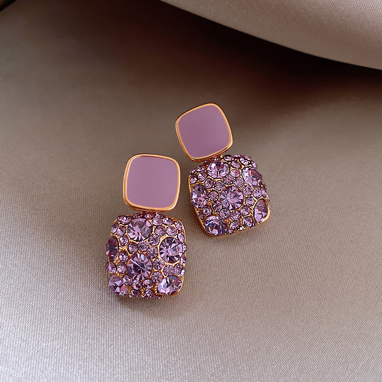 Purple Square Crystal Rhinestone Earrings
