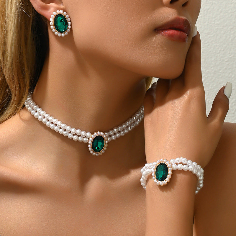 Multi Layer Pearl Chain Choker Necklace Bracelet Earring Set