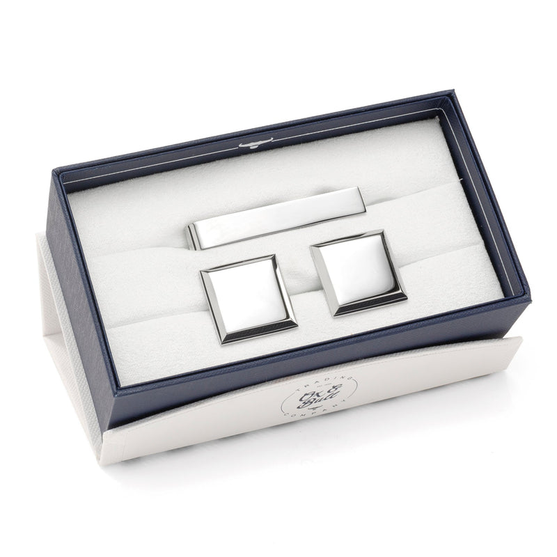 Stainless Steel Beveled Square Engravable Cufflinks and Tie Bar Gift Set