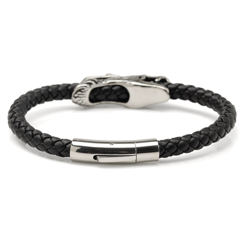 Dragon Head Braided Black Leather Bracelet with Magnetic Closure