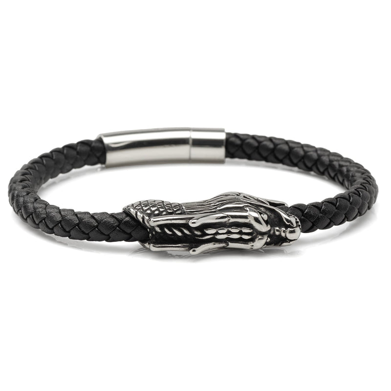 Dragon Head Braided Black Leather Bracelet with Magnetic Closure