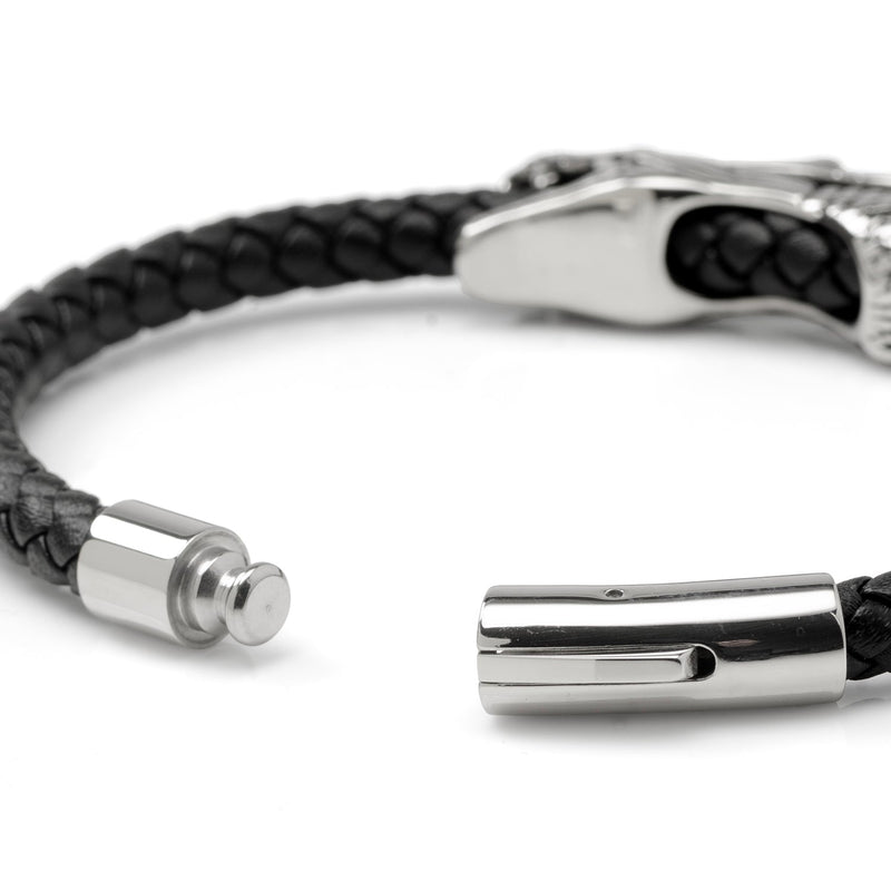 Dragon Head Braided Black Leather Bracelet with Magnetic Closure