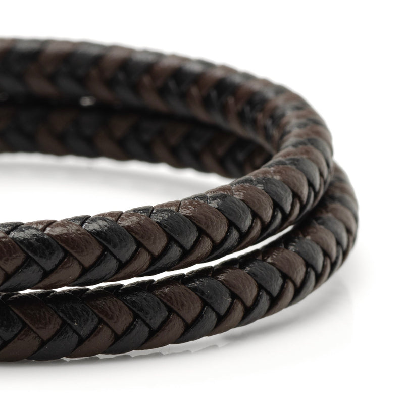 Black and Brown Braided Leather Bracelet with Gunmetal Stainless Steel Magnetic Clasp
