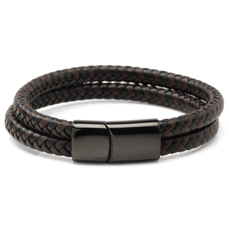 Black and Brown Braided Leather Bracelet with Gunmetal Stainless Steel Magnetic Clasp