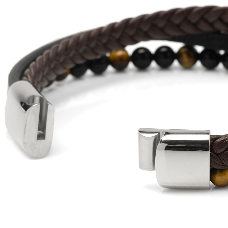 Stainless Steel Stacked Brown Leather Bracelet with Tigers Eye