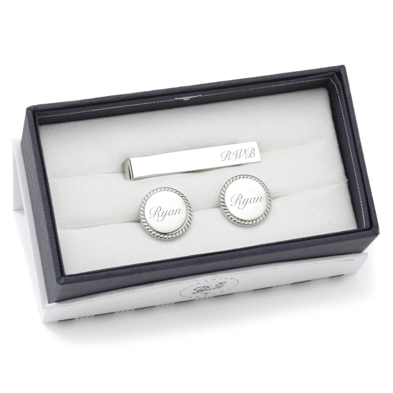 Engravable Rope Border Round Cufflinks and Tie Bar Gift Set