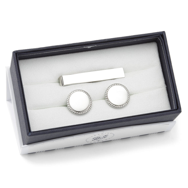 Engravable Rope Border Round Cufflinks and Tie Bar Gift Set