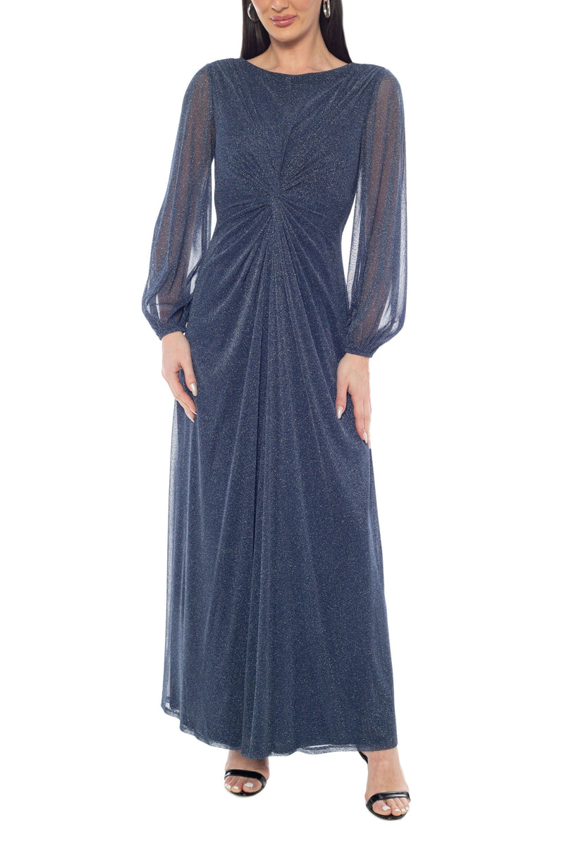Oleg Cassini Deep Navy Soft Cowl Neckline V-Back Long Sheer Bishop Sleeves Zipper Closure Middle Twist A-Line Maxi Dress