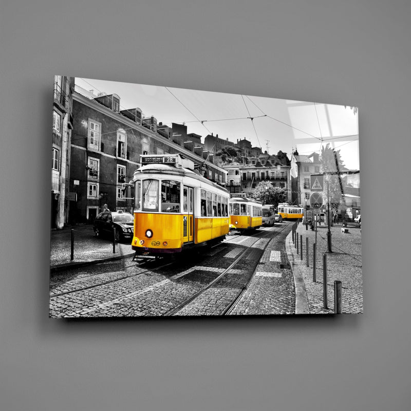 Yellow Tram (Lisbon) Glass Wall Art