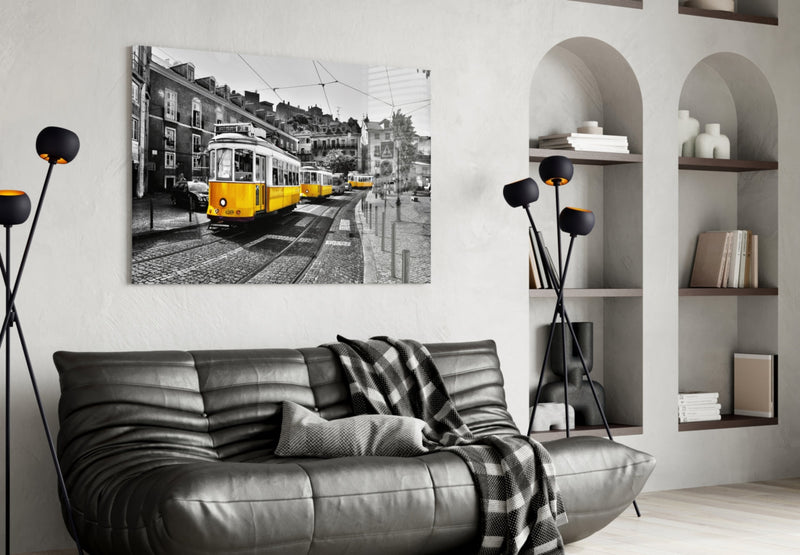 Yellow Tram (Lisbon) Glass Wall Art