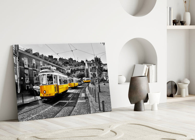 Yellow Tram (Lisbon) Glass Wall Art
