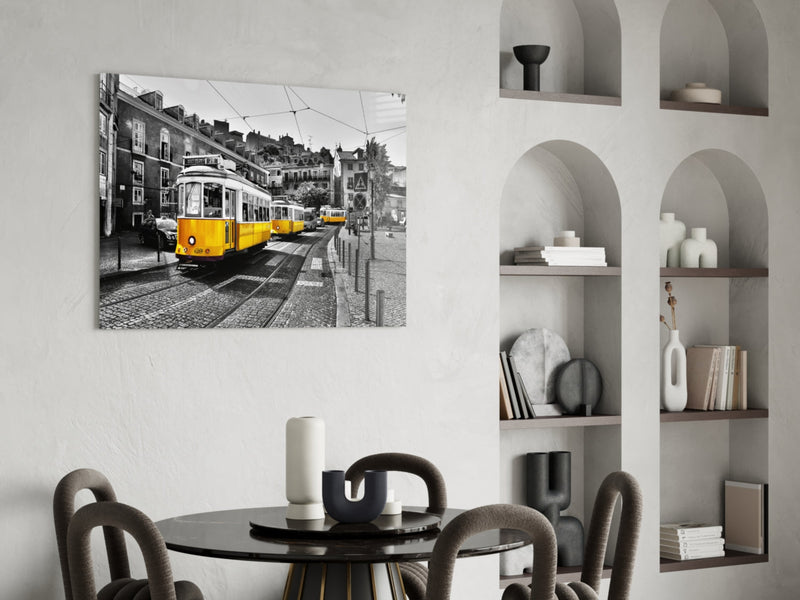 Yellow Tram (Lisbon) Glass Wall Art
