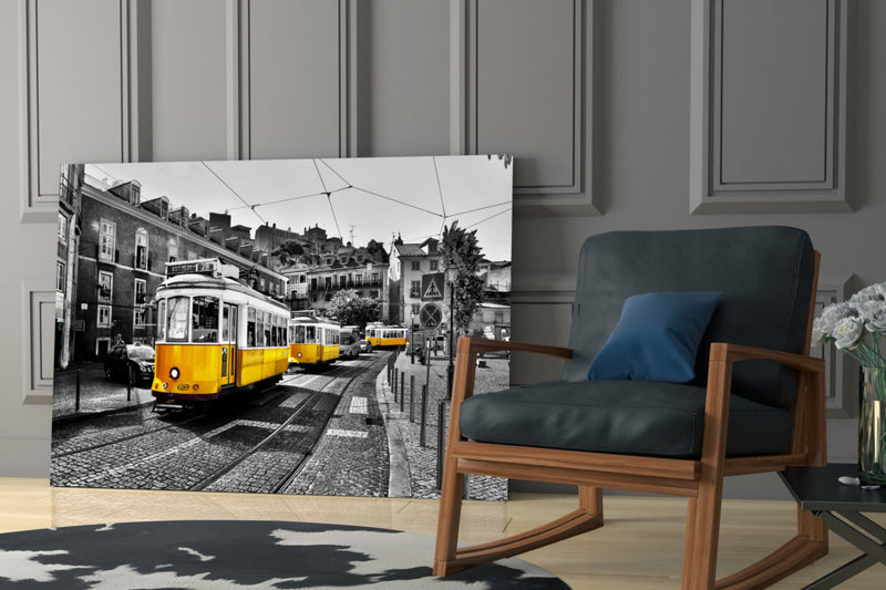 Yellow Tram (Lisbon) Glass Wall Art