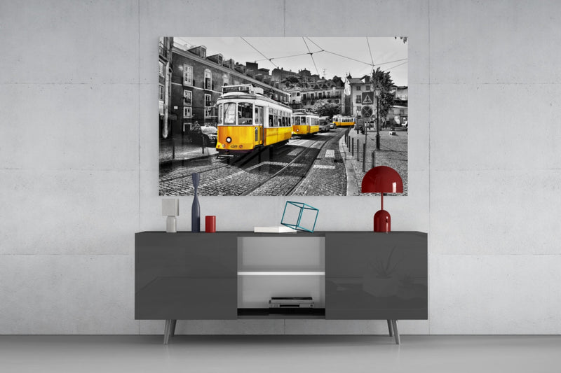 Yellow Tram (Lisbon) Glass Wall Art