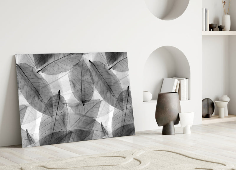 Black - White Leaves Glass Wall Art