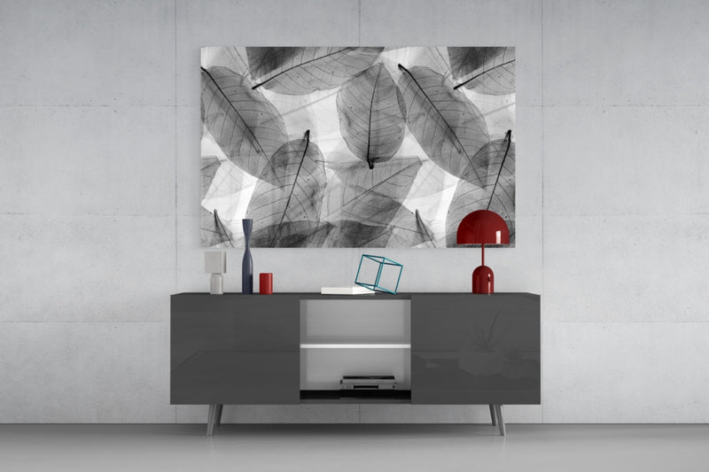 Black - White Leaves Glass Wall Art