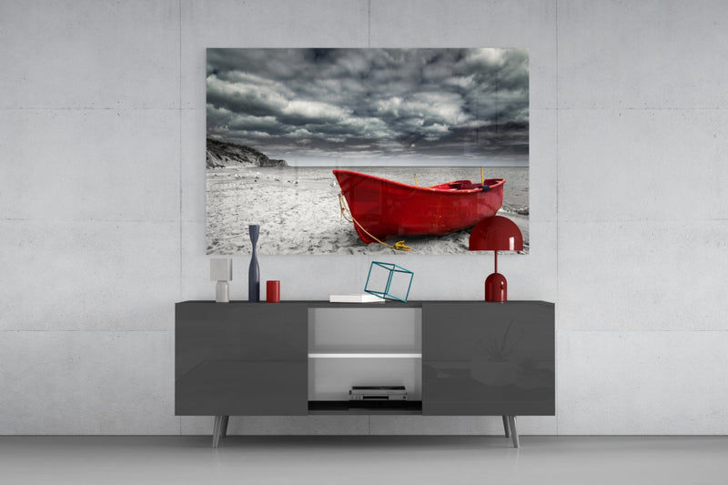 Red Kayak Glass Wall Art