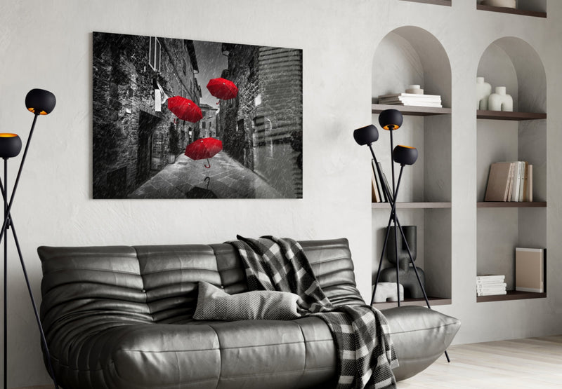 Red Umbrellas Glass Wall Art