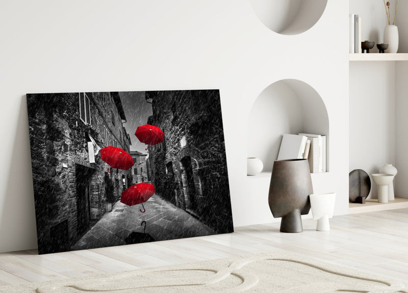 Red Umbrellas Glass Wall Art