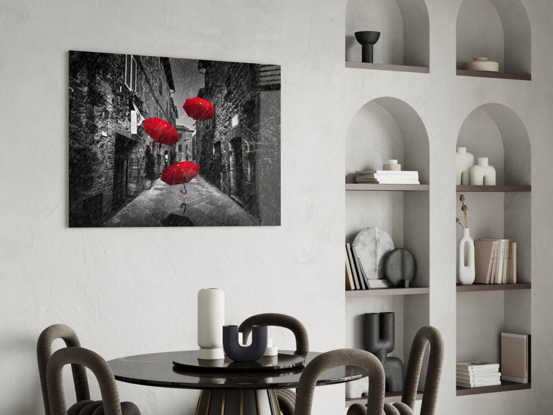 Red Umbrellas Glass Wall Art