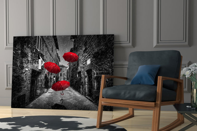 Red Umbrellas Glass Wall Art
