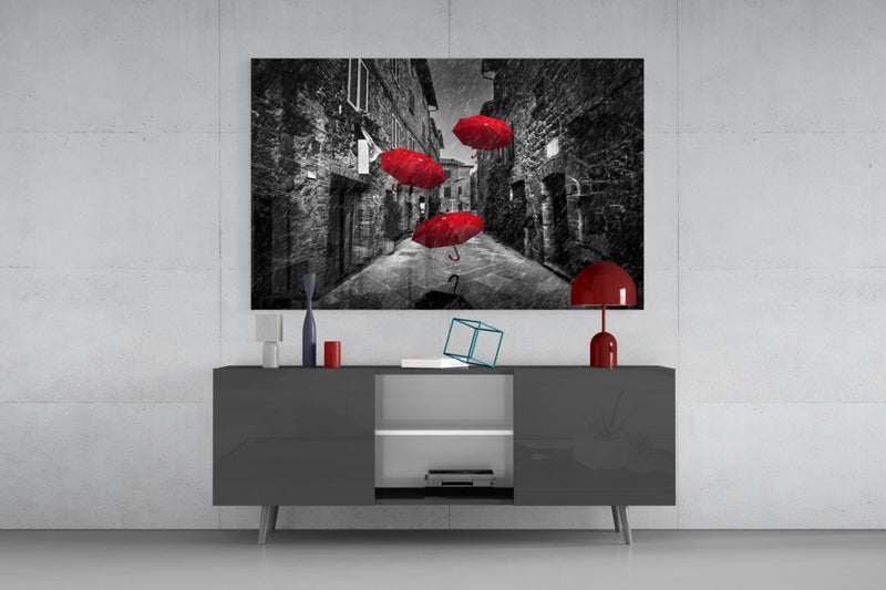 Red Umbrellas Glass Wall Art