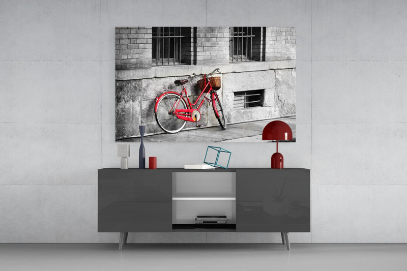 Red Bicycle Glass Wall Art