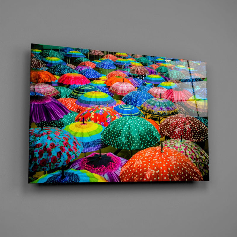 Colorful Umbrellas Glass Wall Art