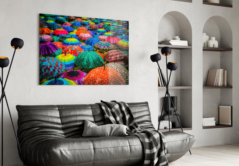 Colorful Umbrellas Glass Wall Art