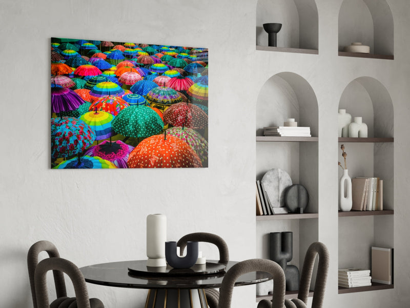 Colorful Umbrellas Glass Wall Art