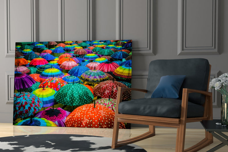 Colorful Umbrellas Glass Wall Art