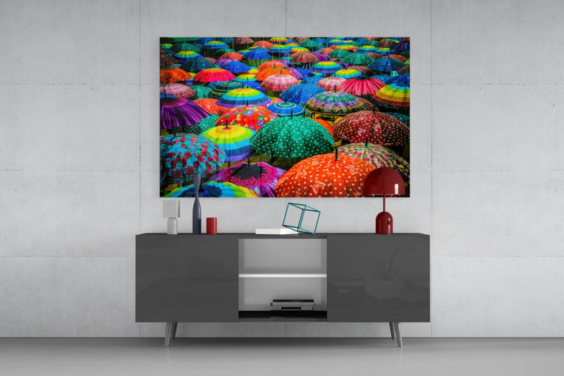 Colorful Umbrellas Glass Wall Art