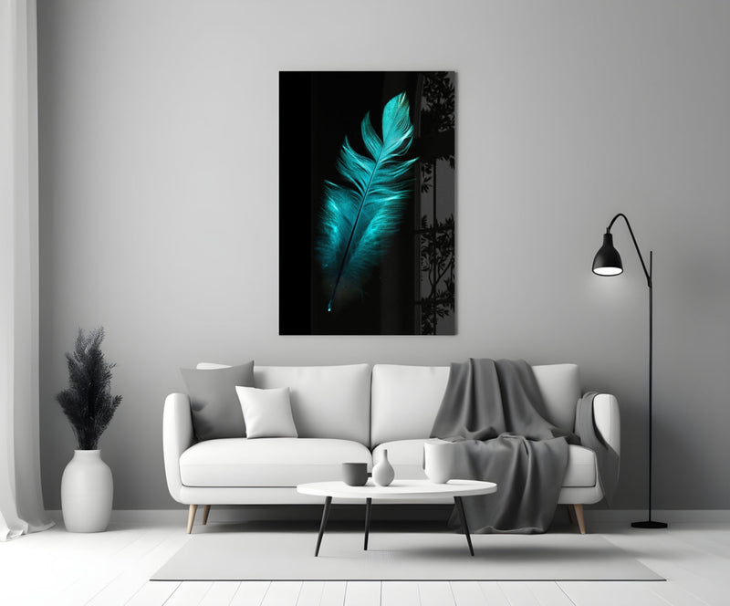 Green Feather Glass Wall Art