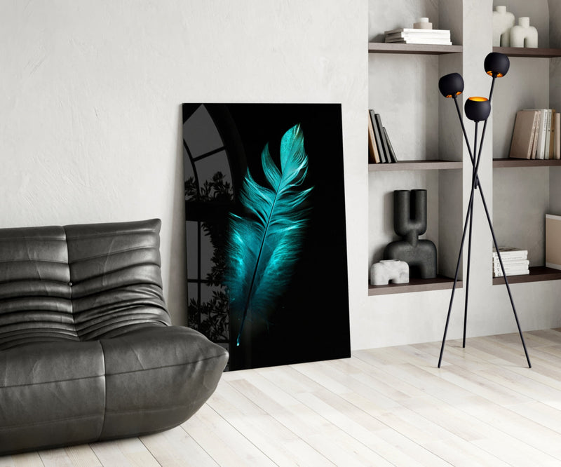 Green Feather Glass Wall Art