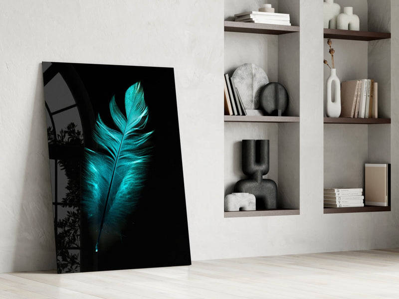 Green Feather Glass Wall Art