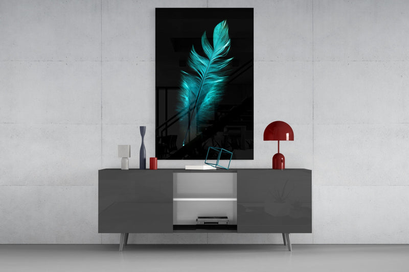 Green Feather Glass Wall Art