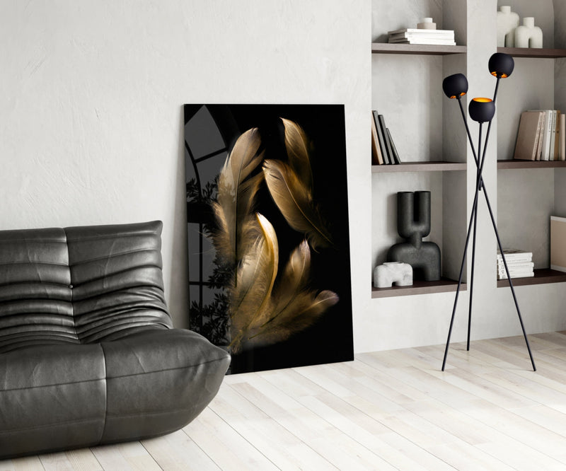 Tan Feather Glass Wall Art