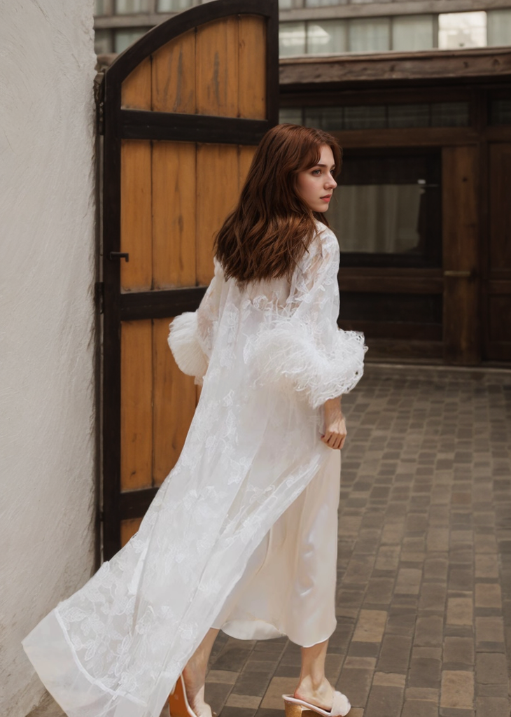 Ostrich Feather Sequin 3D Floral Lace Long Robe with Sequin Nightgown Set