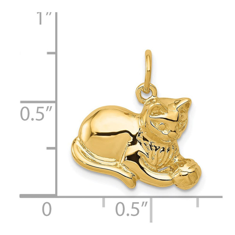14k Yellow Gold 2D Cat and Ball Charm or Pendant