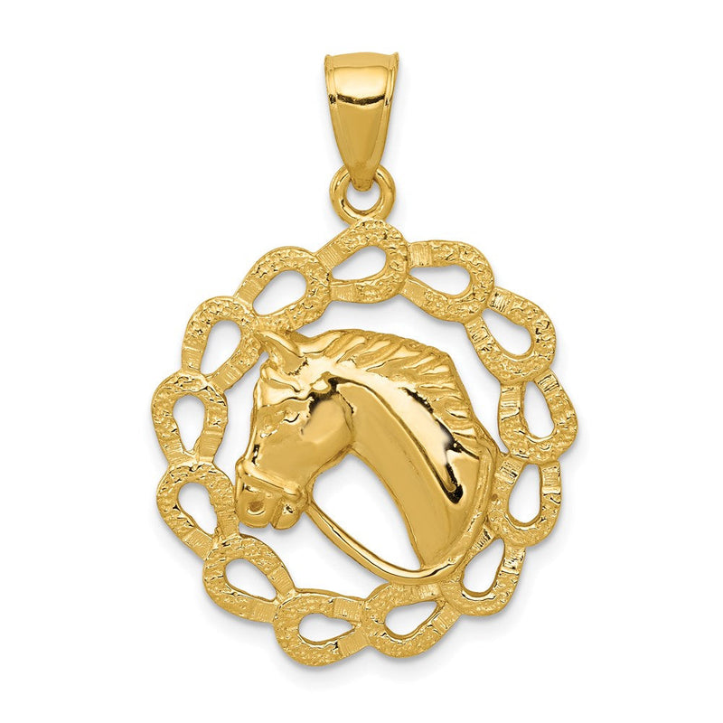 14k Yellow Gold Horse Head and Horseshoe Wreath Pendant, 24mm